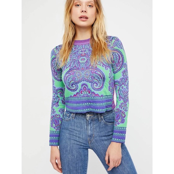 Free People Sweaters - Free People New Age Crewneck Sweater Green Paisley Size L